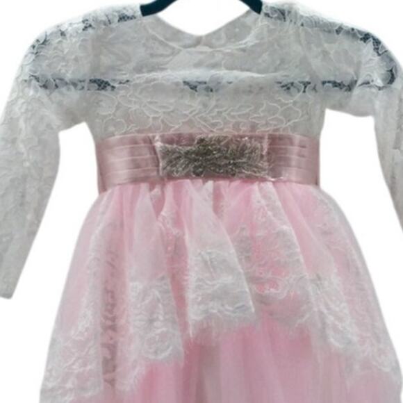 FLOWER GIRL'S PARTY DRESS 4-5y white pink long sleeve lace maxi dress NEW B75 - Picture 2 of 7